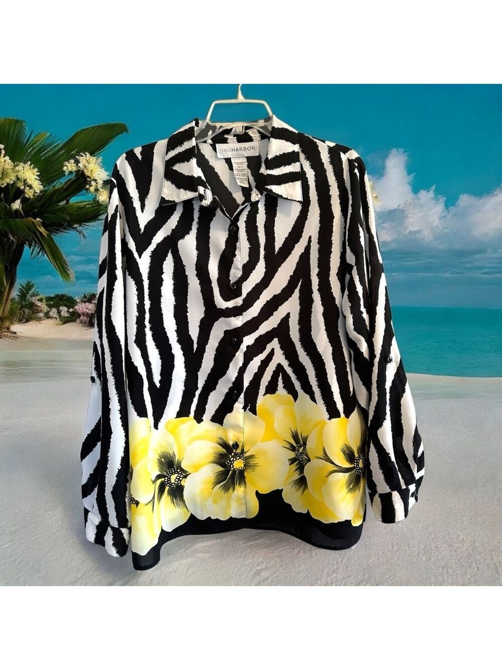 Sag Harbor Zebra & Floral Button Blouse Womens 14 Tropical Roll Tab Long Sleeves